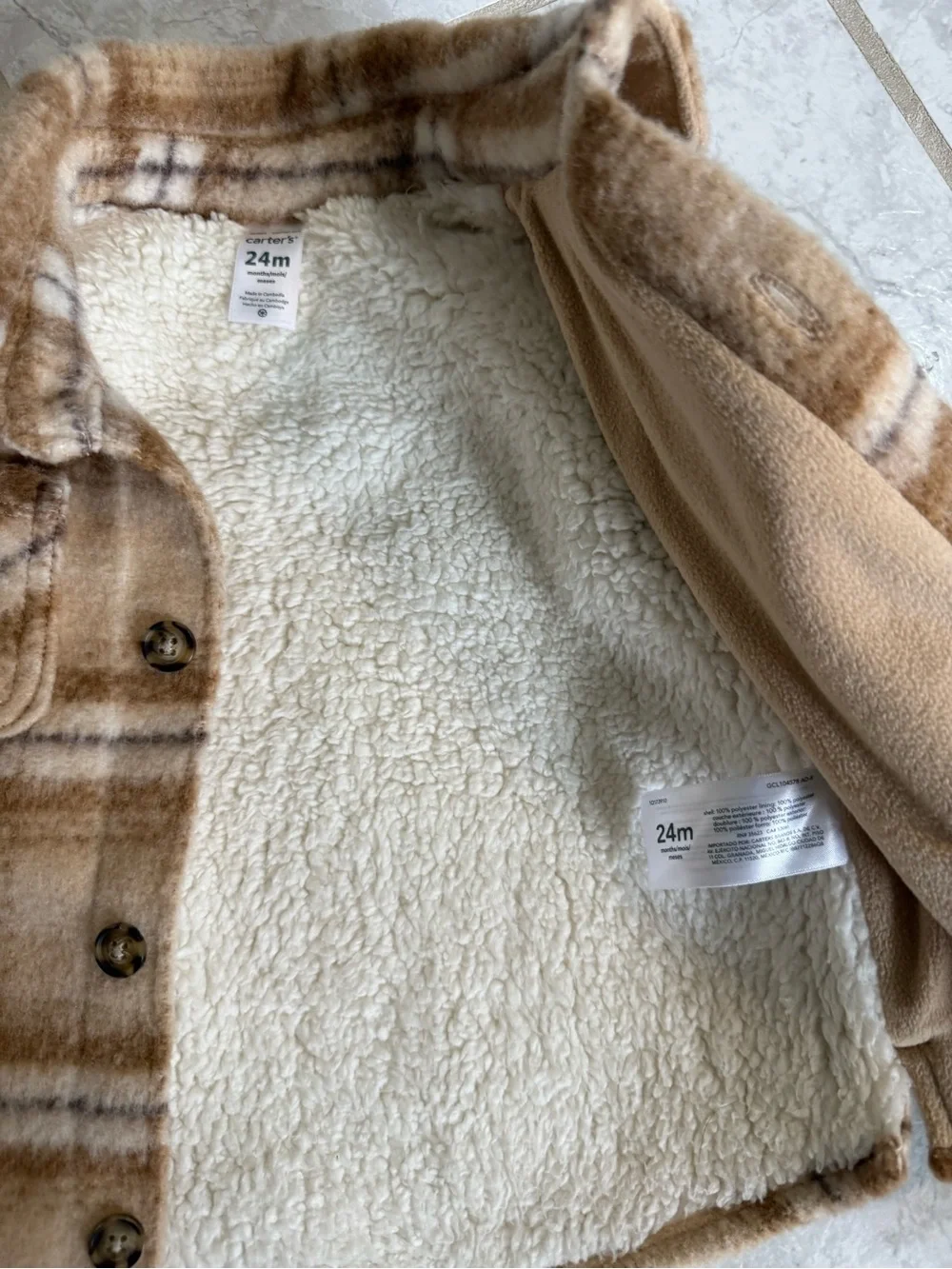 Carters toddler Plaid Sherpa-Lined Jacket - Cream & Brown Shacket size 24 months